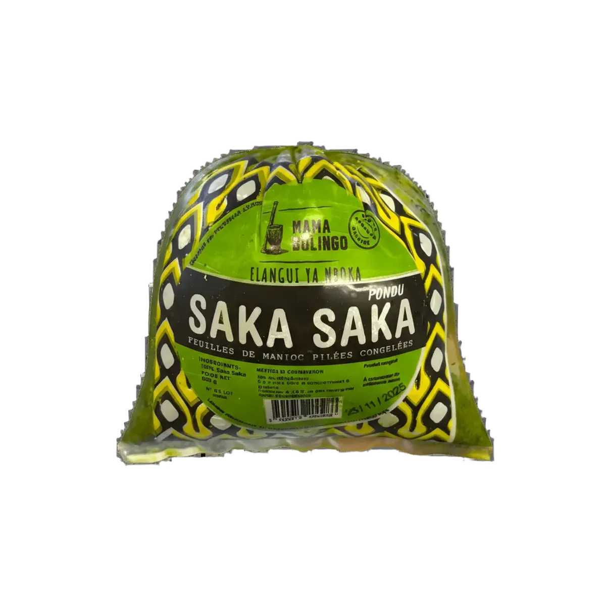 Feuille de manioc pilée Saka Saka emballée sous vide, produit surgelé prêt à cuisiner, idéal pour plats africains traditionnels.